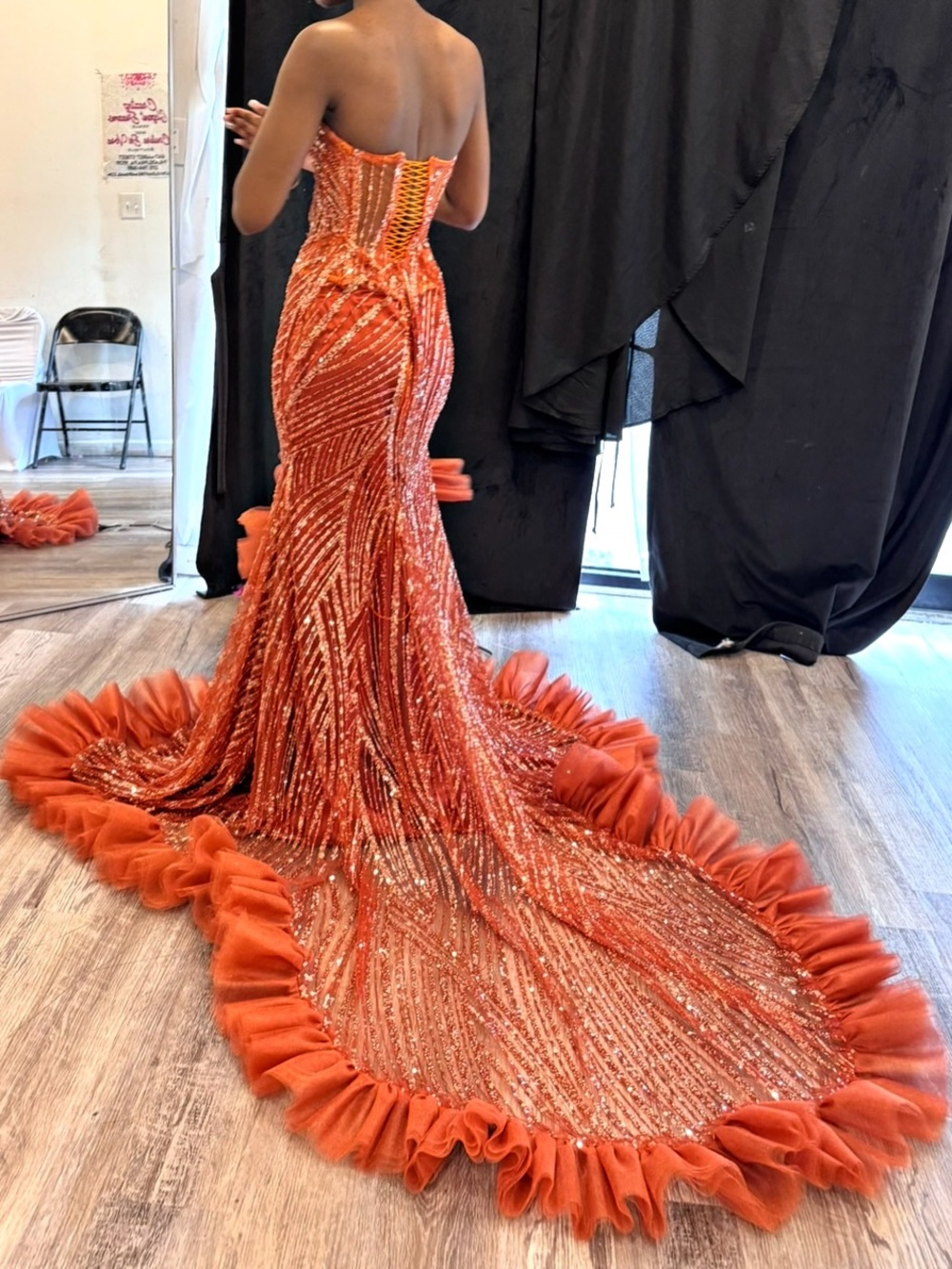 Rust Ruffle-Seam Sequined Prom Gown - Picture 8 of 11
